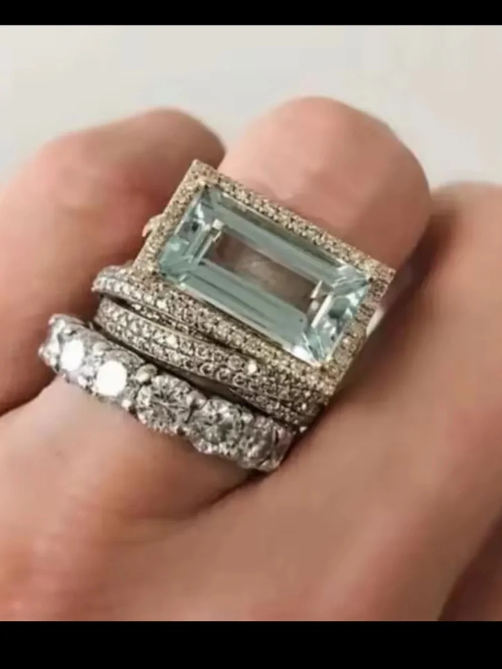 New Aquamarine Blue & Diamond 3 Ring Statement Stacked Ring Stack Set Size 7